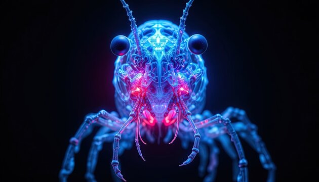 3D glowing cyber spider creature in neon blue and pink digital sci-fi environment