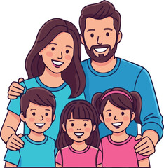 Obraz premium Flat vector illustration of a happy family with parents and two young children, smiling and standing together, embracing. Clean lines, vibrant solid colors, minimal details, white background, modern