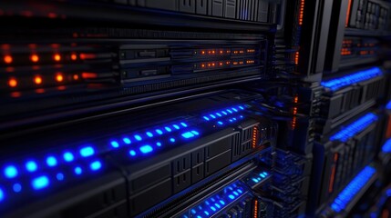 Obraz premium Close-up of illuminated server racks with blue and orange status LEDs, network cables and glowing hardware conveying a high-tech futuristic and intense atmosphere