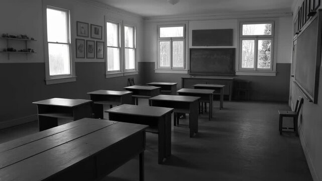 Classroom vintage with wooden desks and blackboard in black and white featuring school, education, old with traditional and learning elements for