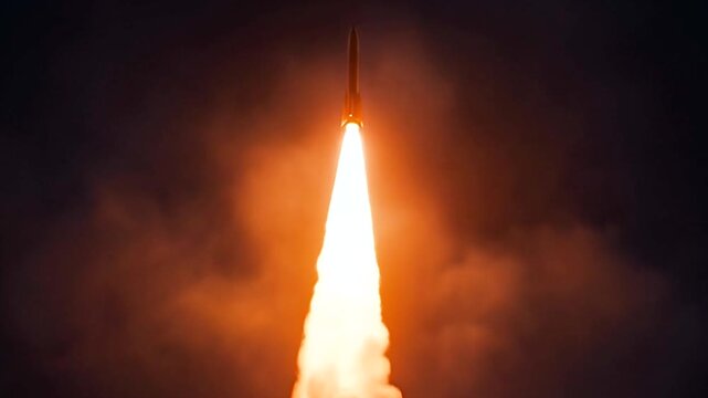 footage of a missile launching into the dark sky, dramatic lighting, glowing rocket engine, thick smoke trail illuminated by fire