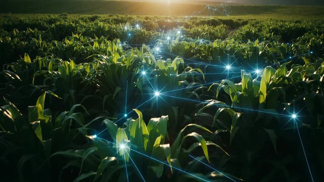 Green corn field plants connected with digital network lines and glowing data points under golden sunset light, concept for smart farming, precision agriculture and digital ecosystem