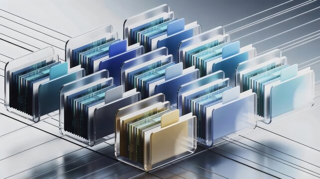 Floating 3D blue data folders in grid &ndash; Ideal for cloud storage, file management, or digital organization systems.