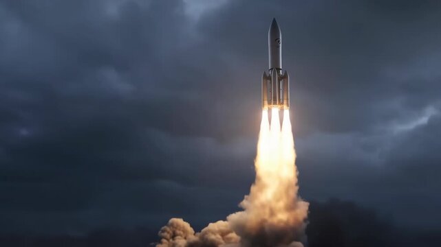 Rocket ballistic ascending through heavy storm with clouds and light effects featuring weather, meteorology, space with launch and flight elements