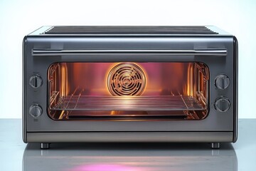 Obraz premium stainless steel countertop oven with glowing warm interior, wire rack, rear circulating fan, glass door and control knobs, sleek modern design evoking a warm inviting feeling