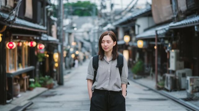 女性が開店前の静かな商店街を朝に歩く場面、淡い霧とやわらかな光