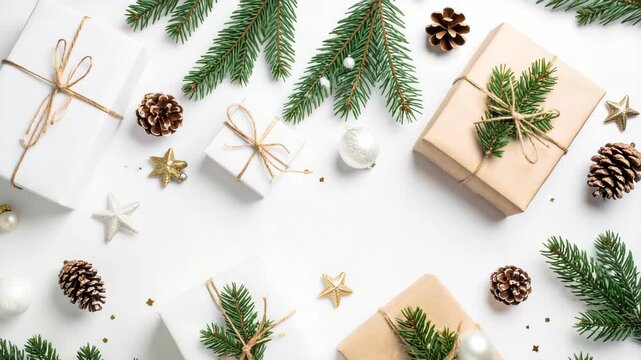 Minimalist Christmas flat lay with eco friendly wrapped gifts pine branches and cones on white background