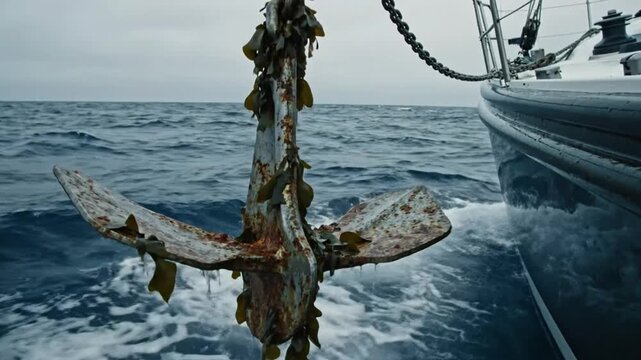 Rusty anchor being pulled up from sea water on a sailboat on a cloudy day, close-up view