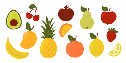A set of colorful fruits and berries in a hand-drawn abstract style. © ELENA_roses