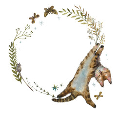 Fototapeta premium Circle frame with meadow grass. Cat and butterflies. Kitten sleep. Watercolor hand drawn illustration