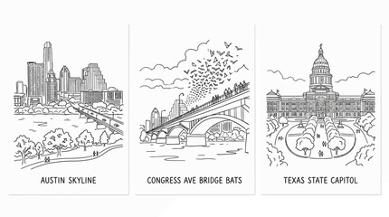 Fototapeta premium Austin Texas Landmarks Skyline Bridge and Capitol in Line Art