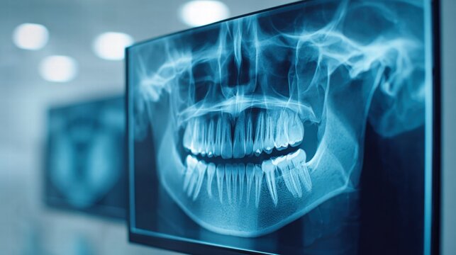 Dental X-ray on a monitor in a dentist's office.