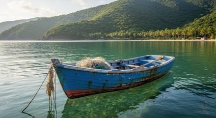 Obraz premium Tranquil scene of a blue boat floating on a calm lake.