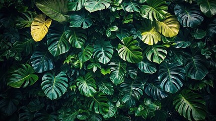 Fototapeta premium dense wall of overlapping tropical green leaves with glossy textures and a few yellowing leaves, evoking a lush peaceful calm
