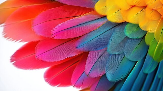 close-up of vibrant multicolored parrot feathers with layered textures conveying joyful energy