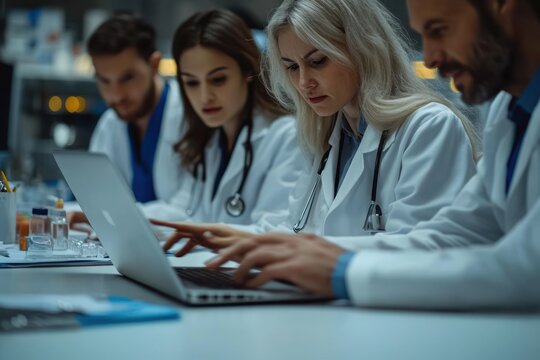 medical team in white coats collaborating around a laptop with stethoscopes and medication on the table, focused and professional