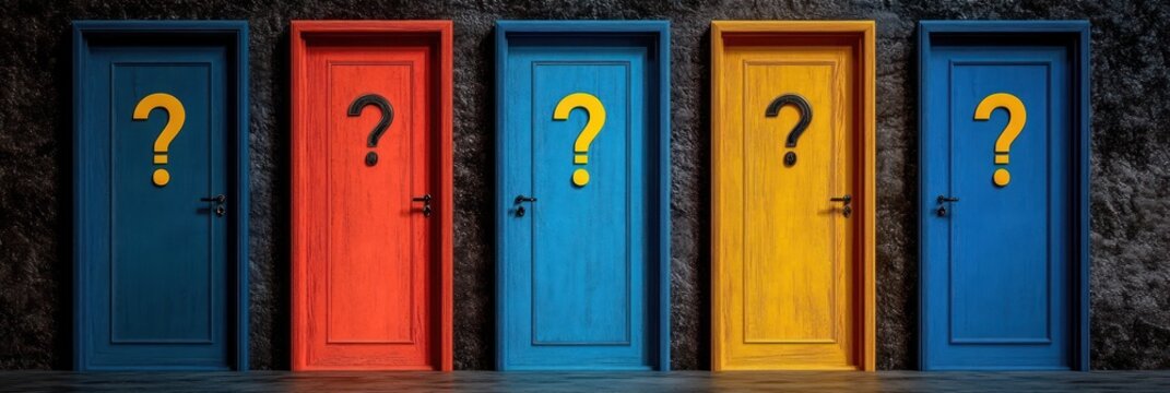 Five colorful wooden doors with large question marks lined against a dark textured wall, evoking curiosity and uncertain choice