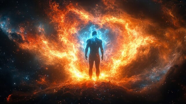 silhouetted human figure standing in a blue core surrounded by swirling fiery orange nebula and stars, evoking awe and transcendent power
