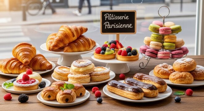A variety of pastries and desserts on a wooden table, including croissants, macarons, and other pastries, with a sign reading 'Patisserie Parisienne' and a cake stand with macarons and other pastries.