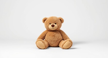 Obraz premium A delighted big brown teddy bear positioned on plain floor with a clear white backdrop