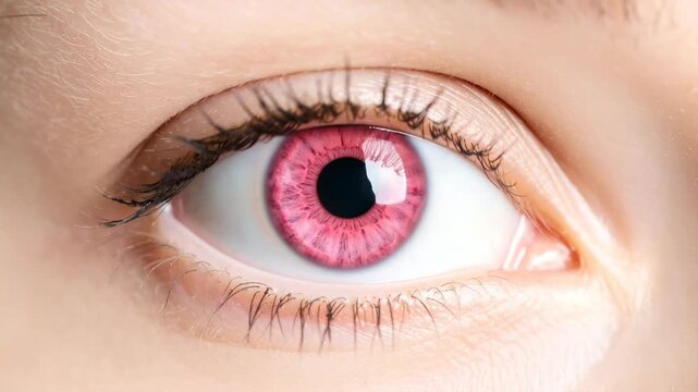 Extreme macro shot of a vibrant pink human eye with detailed iris patterns and long eyelashes