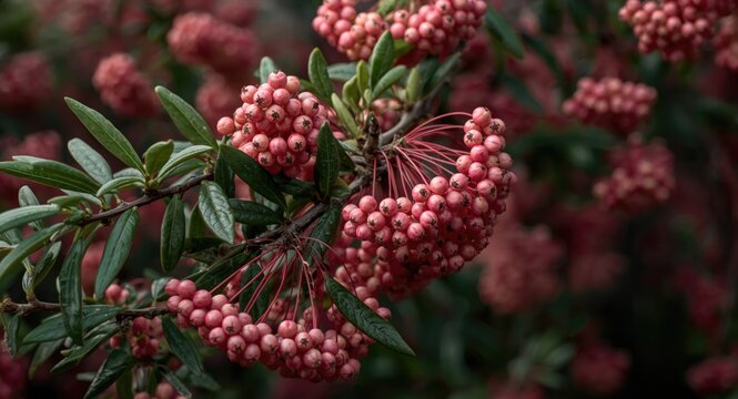Branches of European spindle tree laden with colorful pink berries