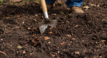 Fototapeta premium Active spring garden project with tools turning loose soil layers