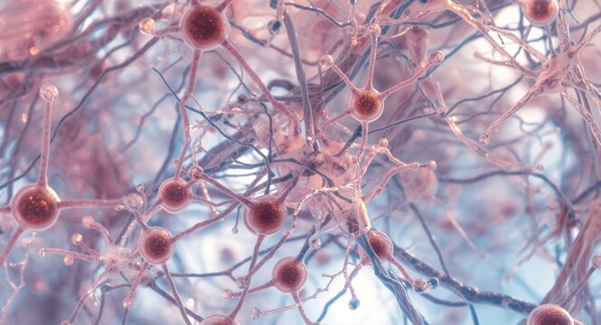Microscopic view of single cells on fibrous network resembling a net in the myenteric plexus