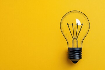 A single transparent incandescent lightbulb with visible filament on a bold yellow background, conveying a bright idea