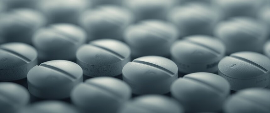 Close capture of opioid oxycodone pills arranged in a pattern