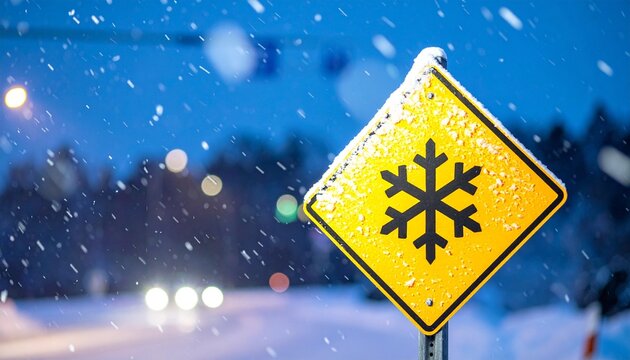 Blue Snowflake Traffic Sign with Falling Snow Warning of Winter Road Hazard