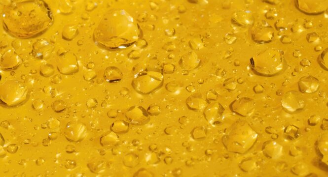 close up of water droplets on a shiny yellow surface with vivid reflections