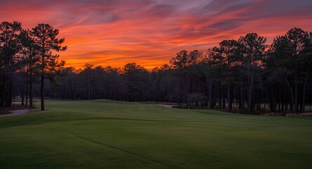 Colorful sunrise spreading across a golf course and pine woodland