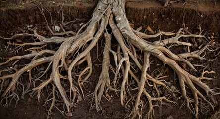 Fototapeta premium Detailed view of fallen tree roots sprawling underground with earthy soil and sky above