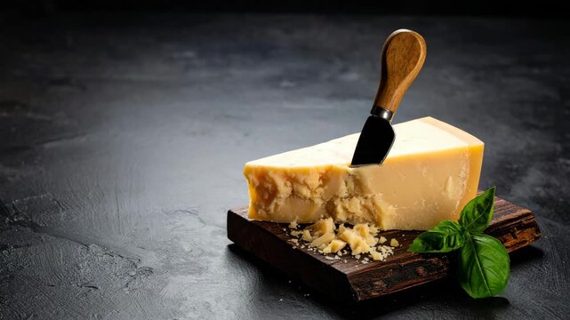 Aged parmesan cheese wedge with a knife and fresh basil on a rustic wooden board and dark background