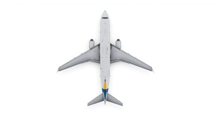 Direct overhead image of a large passenger jet on white backdrop including clipping path