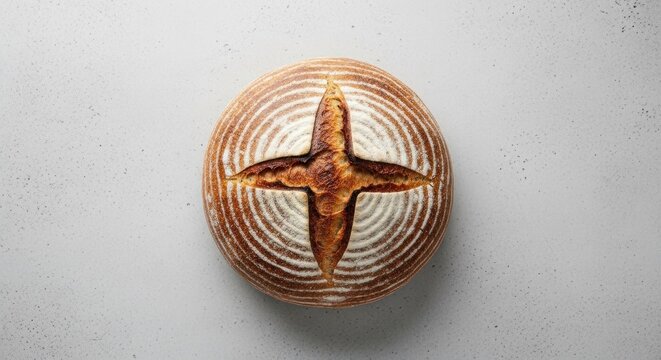 A round, baked bread with a cross cut into the top, placed on a white surface with a textured pattern.