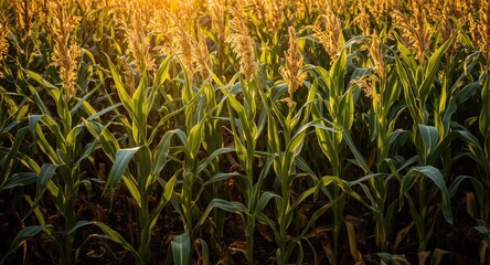Obraz premium Corn plants basking in golden sunlight with dark nutrient rich ground