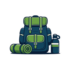 Camping gear backpack with water bottle and sleeping mat