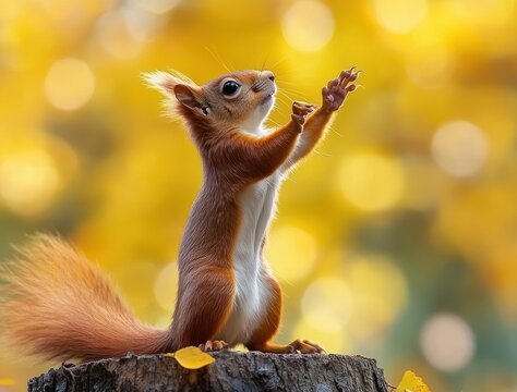 red squirrel standing on a tree stump reaching up amid golden autumn bokeh, curious hopeful expression
