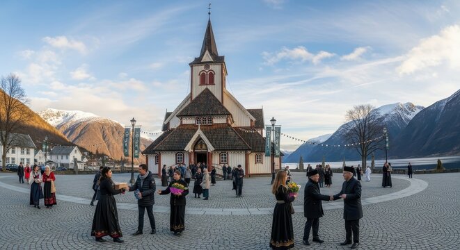 Traditional Norwegian Folk Costumes and Undredal Stave Church.