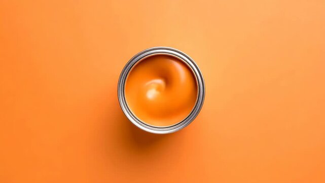 Overhead view of thick glossy orange paint swirling inside a silver metal tin on a monochromatic background