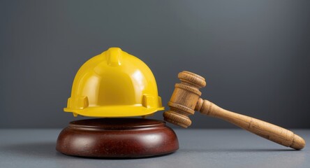 Construction labor regulation symbolized by judge's hammer and helmet