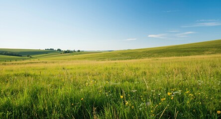 Obraz premium Bright seasonal meadow in summer with wildflower patches stretching across rolling green hills