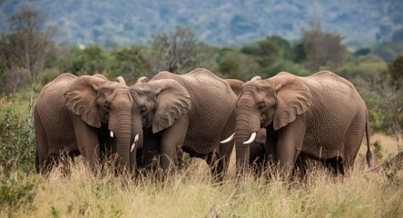 Obraz premium Content African elephants grouped closely in vast natural habitat