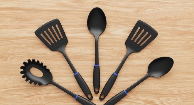 A set of black kitchen utensils, including spatulas and spoons, arranged in a circle on a wooden surface with a light wooden background.