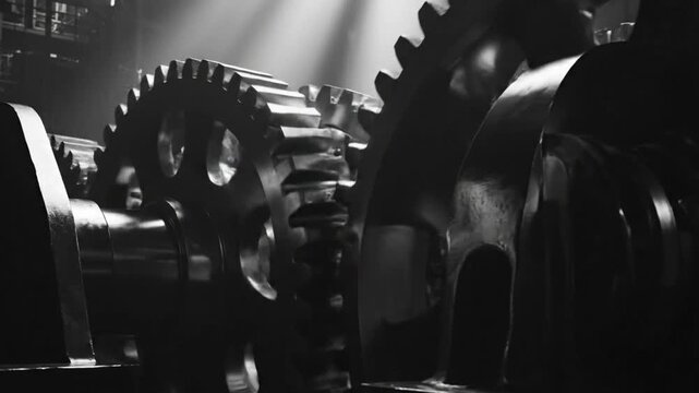 Industrial gears turning in a dimly lit factory, engineering and mechanical process concept.