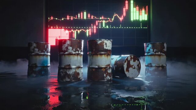 Rusty petroleum barrels on wet ground with glowing stock market candlestick chart in dark atmosphere, concept for energy market analysis, commodity price volatility and global industrial crisis