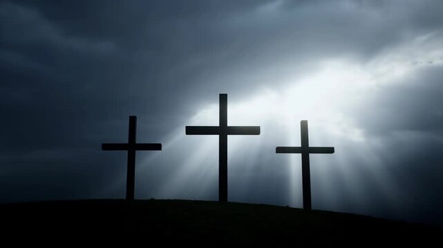 Crosses three on a hill with dramatic cloudy sky background featuring silhouette, dark, gothic with mysterious and religious elements for