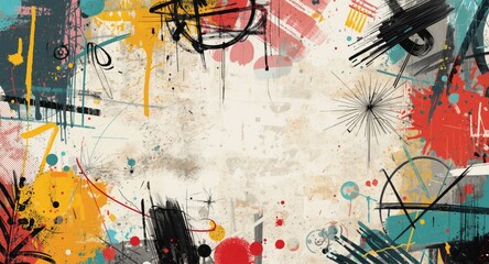 Fototapeta premium Eclectic abstract graffiti piece with diverse geometric patterns and energetic brush marks for book and journal covers